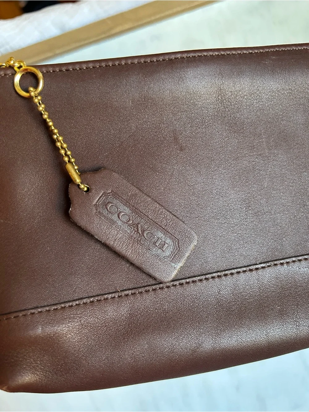 Vintage Coach cosmetic bag Mahogany Leather Zip Pouch with Striped Canvas Lining